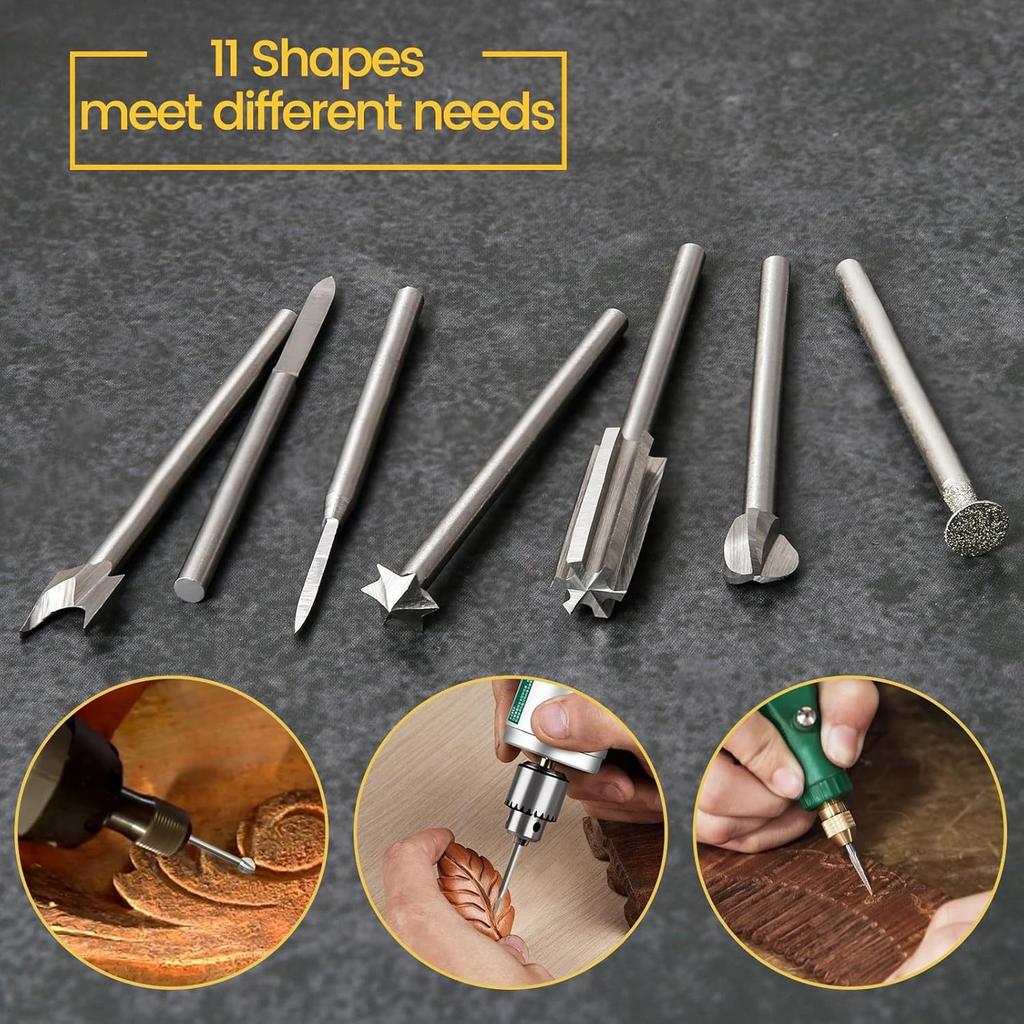 11 Pieces Wood Carving Drill Bits for Rotary Tools, Featuring 1/8 Inch Shank and Various Engraving Tool Heads for Woodworking