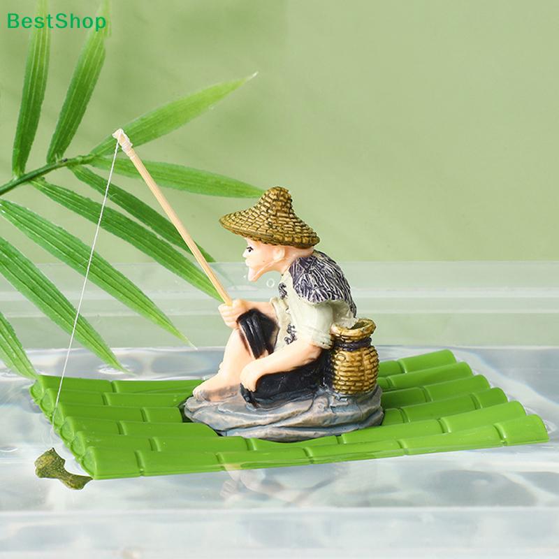 Floating Aquarium Decor Miniature Garden Decor Old Man Fishing Floating Raft Design Fish Tank Landscape Decoration