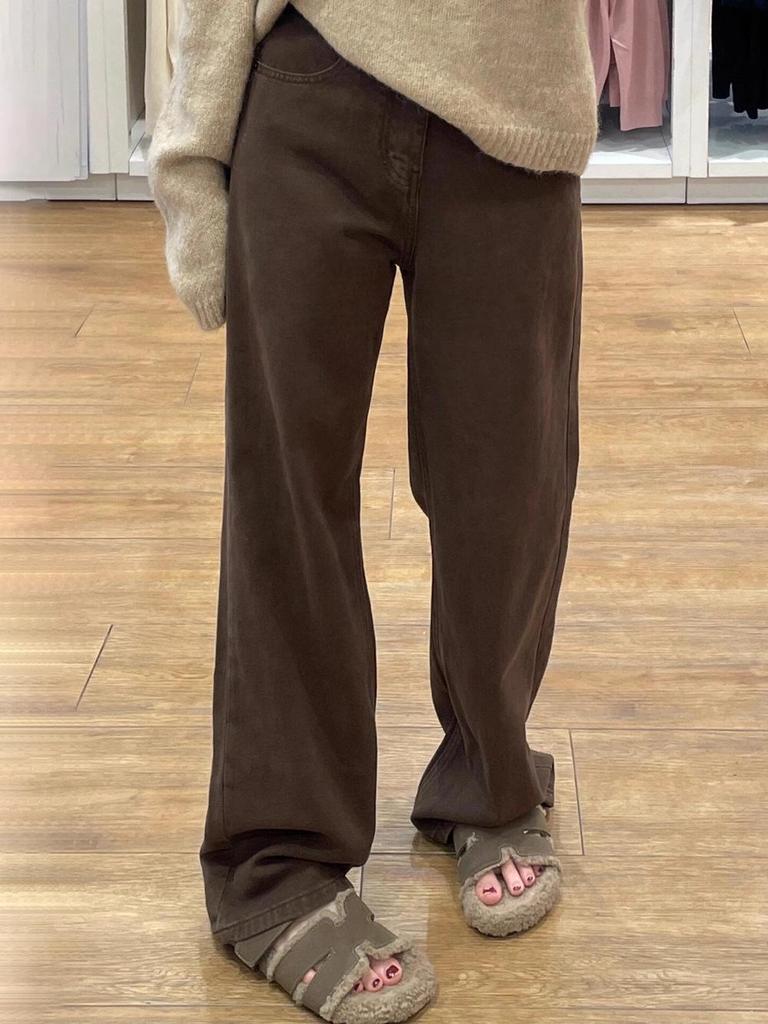 Melanoid Brown High Waist Wide-Leg Jeans for Women - Autumn/Winter Velvet Lined Floor-Length Pants