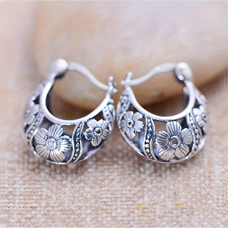 Vintage Bohemian Hoop Earrings, Silver Plated Zinc Alloy Floral Design, Distinctive Women's Dangle Jewelry Gift