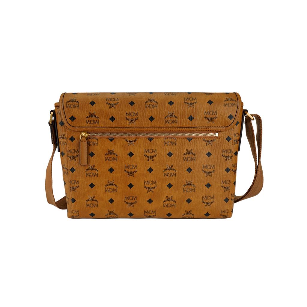 MCM Visetos Leather Messenger Crossbody Bag with Gold Hardware for Daily & Business Use