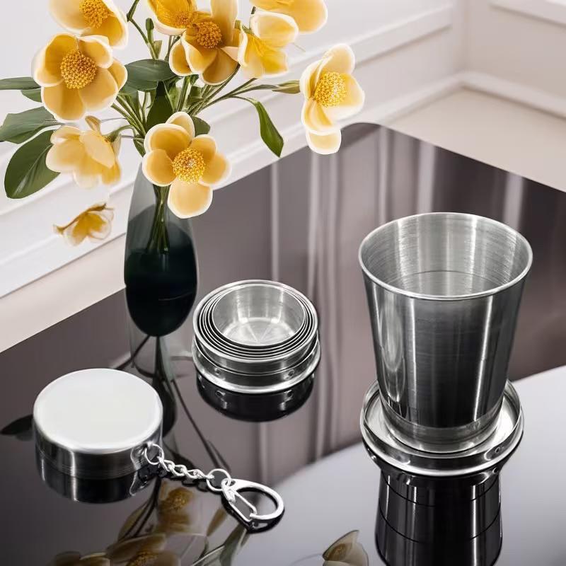 250Ml Stainless Steel Folding Cup Outdoor Travel Camping Portable Collapsible Water Cups With Keychain Retractable Teacups