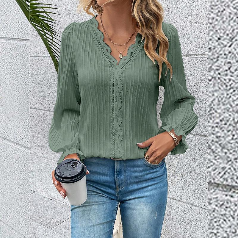 

Женский топ с длинными рукавами и рубашка с кружевной вставкой и вырезом с V-образным вырезом XL темно-зеленого