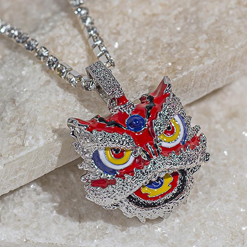 Guochao Retro Creative Lion Dance Pendant Hip-Hop Alloy Colored Lion Head Necklace Trendy Accessories