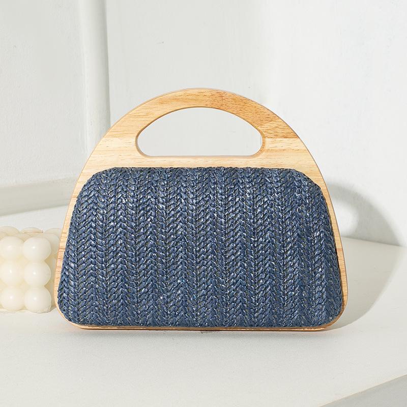 Neue Halbmond-Holzgriff-Abendtasche Sommer-Strohhäkel-Handtasche mit Kette Schulter-Umhängetasche Reise-Strand-Einkaufstasche Geldbörsen