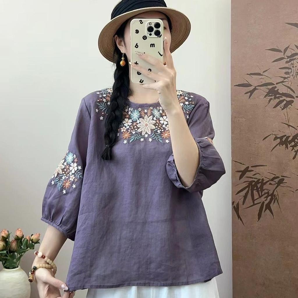 Women's Summer Short Sleeve T-shirt Loose Slimming Casual Half Sleeve Thin Embroidered Floral Top