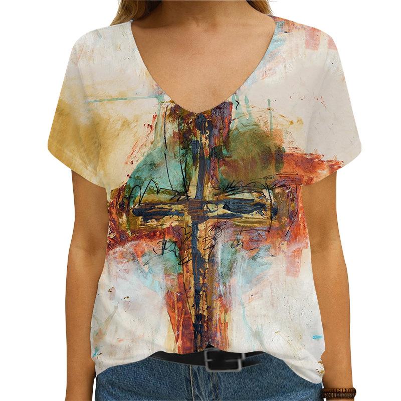 Women's Summer T-shirt 3D Cross Print Women's V-neck Short Sleeved T-shirt