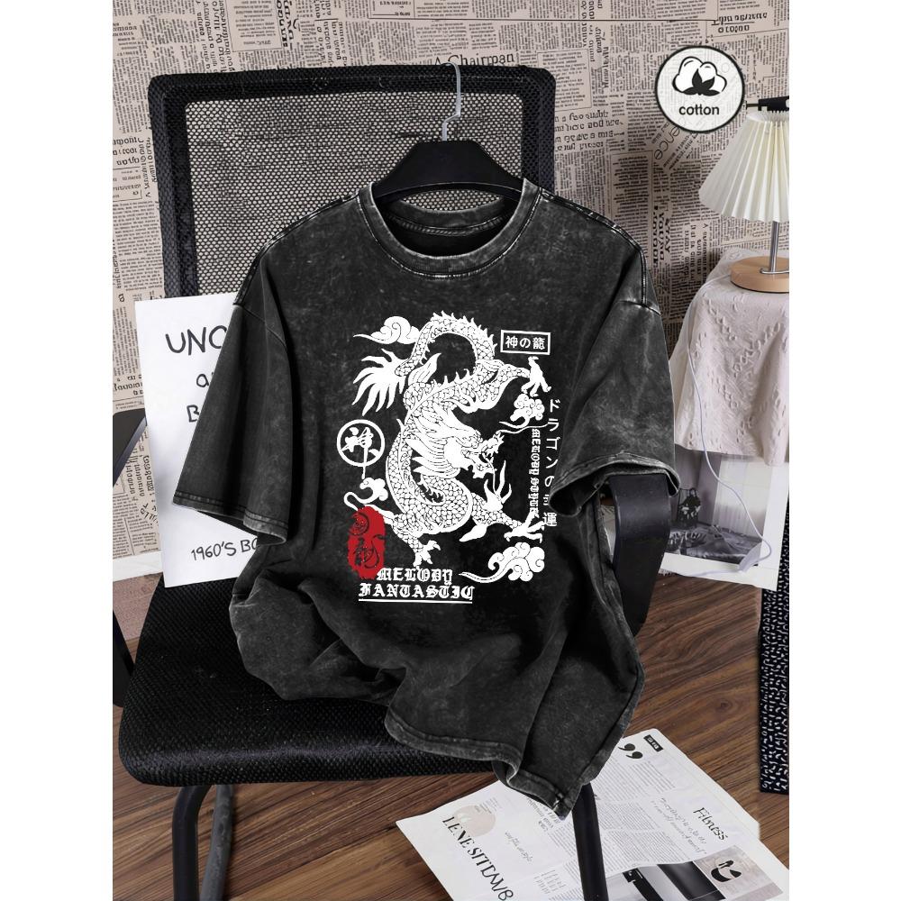 Japanische Harajuku Drachenaufdruck Damen Gewaschene T-Shirts Lässiges T-Shirt Sommer Hip Hop Streetwear Baumwolle Übergroße Kleidung