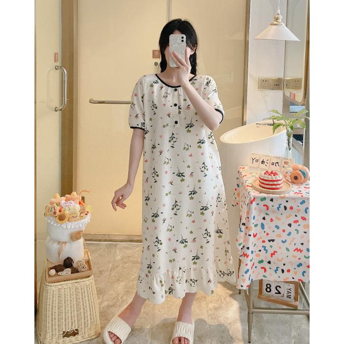 

Bubble cotton nightdress women s spring and autumn summer thin pajamas home skirt new short-sleeved girl mother dress plus size 175(XXL)