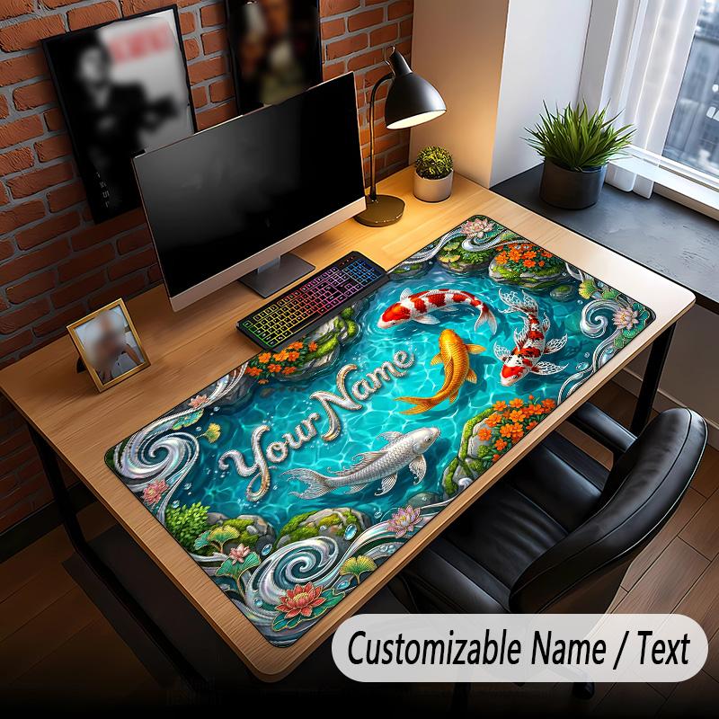 Koi Fish Theme Custom Mouse Pad Personalized With Name Text Customized Desk Mat For Office Home Decor