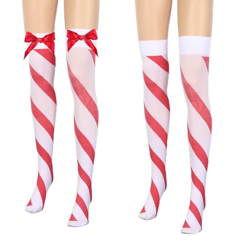 Women Red White Striped Over Knee Long Socks Cute Lovely Bowknot Thigh High Stockings for Christmas Party Costume