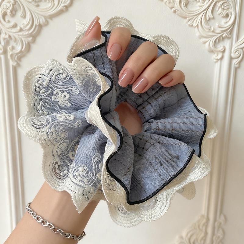 Smog Blue Plaid Lace Scrunchie - Elegant Korean-Inspired High-Class Bun Accessory.