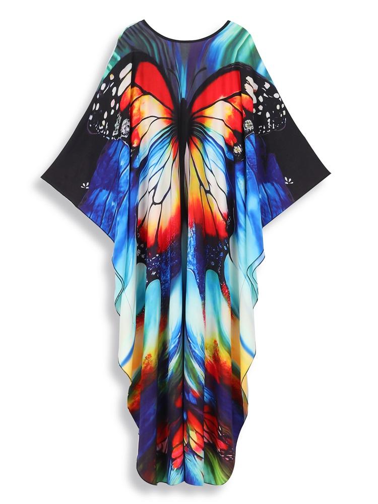 EDOLYNSA 2024 Plus Size Colorful Butterfly Printed Hand-knit V Neck Casual Kaftan Women House Dress Summer Beachwear Swimsuit Cover Up Q1634