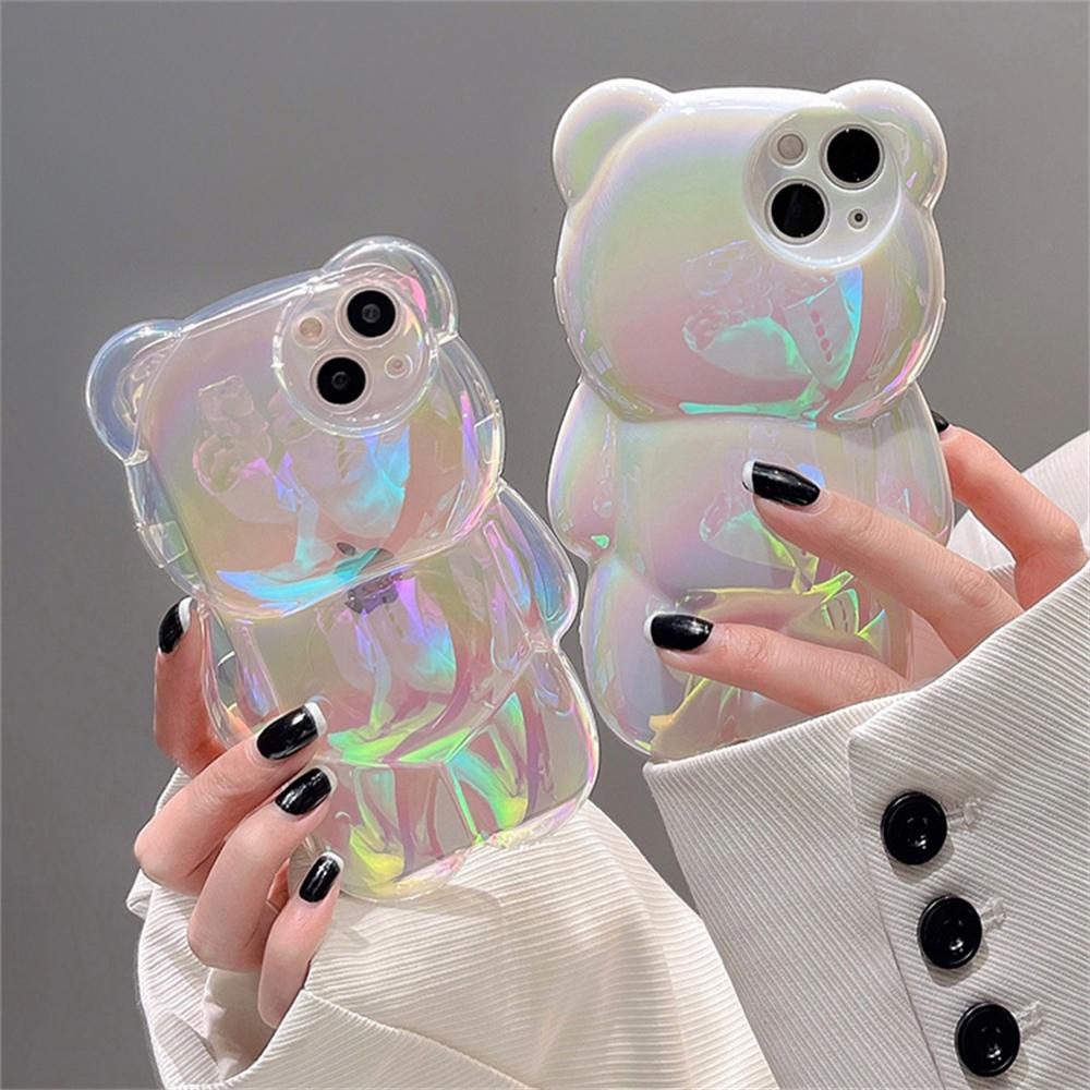 Korejský Roztomilý 3D Laserový Medvídek Průhledný Kryt na Telefon Pro Iphone 14 13 12 11 Pro Max Stylový Silikonový Nárazuvzdorný Měkký Kryt Funda