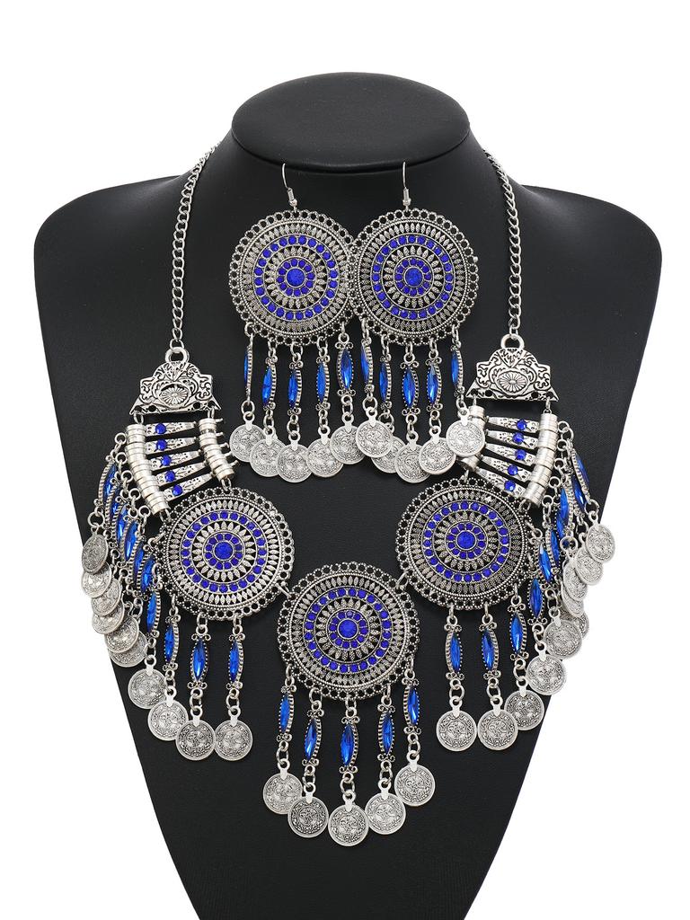 Gypsy Bohemia Chic Vintage Metal Coin Crystal Tassel Jewelry Sets Women Hippie Turkish Ethnic Tribal Necklace Earring Set