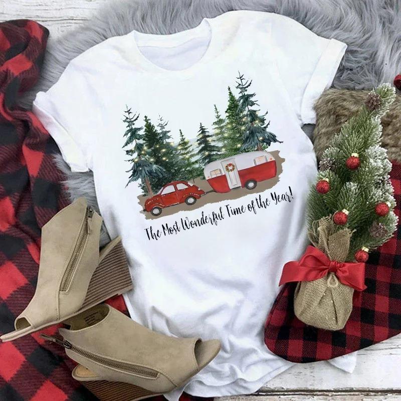 Truck SnowUnisex Family Christmas TShirt Womens Short Sleeve Cute Casual Top Cartoon SnowUnisex with Santa Hat Print