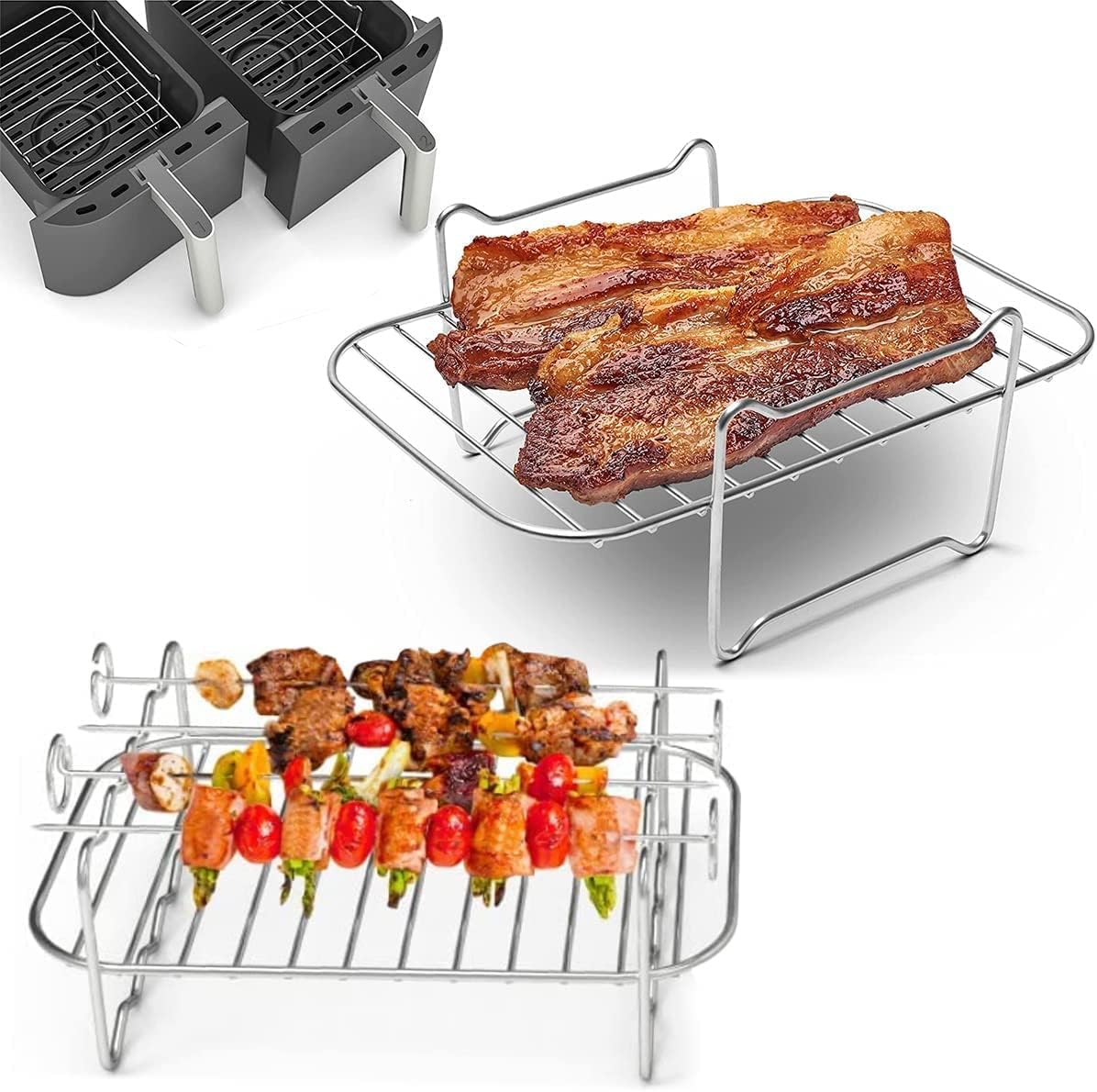 Double-layer grill rack with 4 skewers, 2 pieces, suitable for double-layer air fryers
