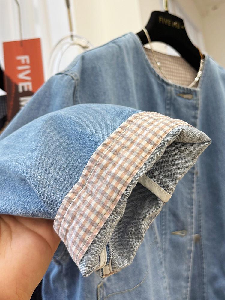 Damen Koreanischer Stil Locker Jeansjacke mit Rundhalsausschnitt und Doppelten Taschen - Vielseitige Frühjahrs-/Herbstmode.