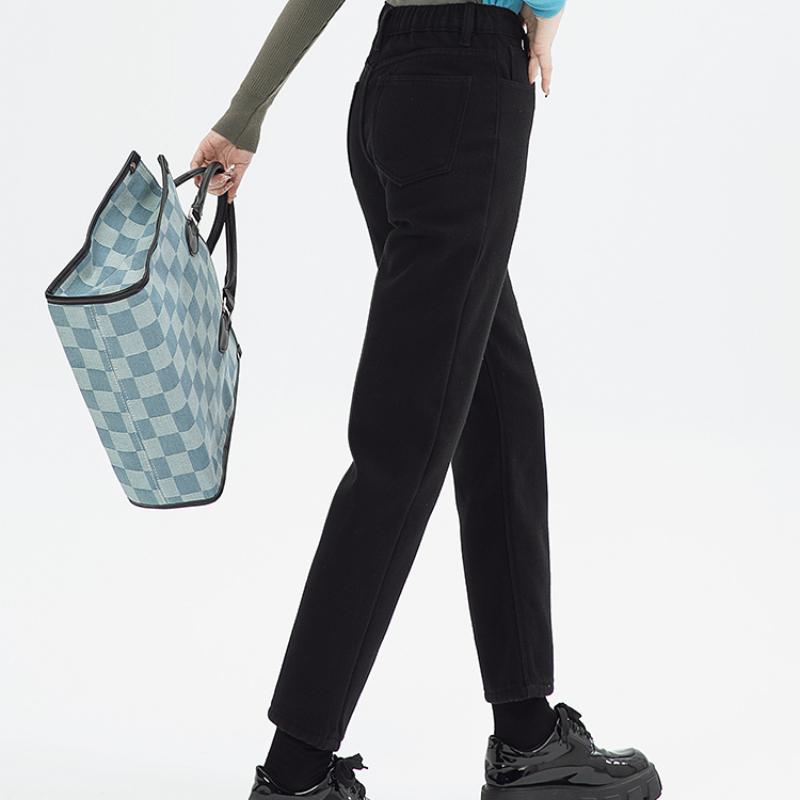 New Jeans Woman High Waist Warm Plush Elastic Denim Pants Jeans for Women Retro Streetwear Washed Baggy Leisure Straight Pants