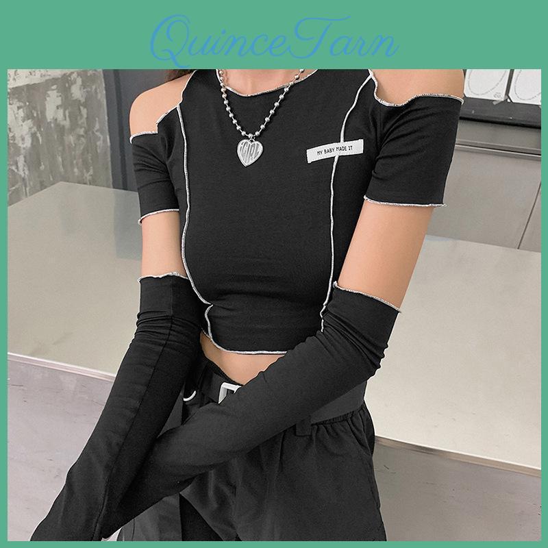 Gothic Patchwork Tshirts Black One Shoulder Sleeve Y2k Crop Tops Ruffles Hem Hip Hop Techwear Women Tees