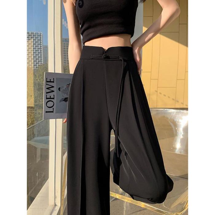 

Spring and summer new national style new Chinese suit pants high waist women s wide leg pants drape straight personalized floor pants S чёрный