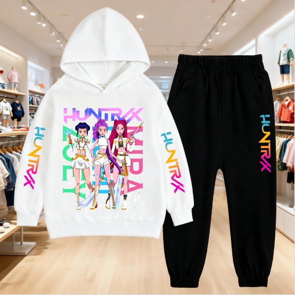 KPop Devil Hunter Cartoon Printed Children's Hoodie with Sports Pants Casual Fashion Set