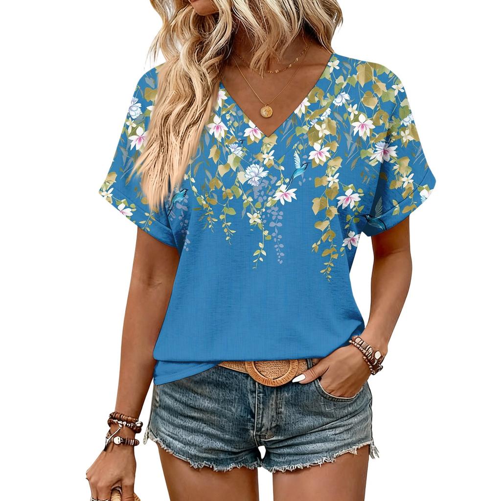 Damen Sommer Oberteile Kurzarm V-Ausschnitt Hemden Lässig Elegant Sommer Blusen Tunika Top
