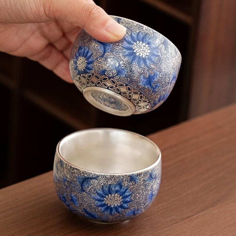 Silver Gilded Blue White Tea Cup Hand Painted Lotus Ceramic Gongfu Set Personal Master Cup Home Use Zen Decor Gift