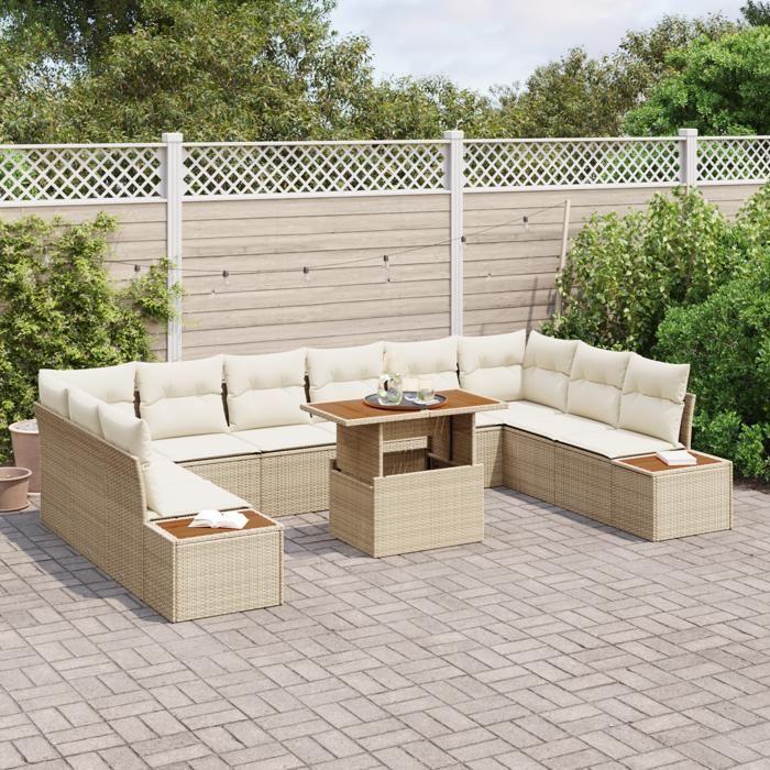 VidaXL Ensemble de Dîner de Jardin 11 Pièces avec Coussins Beige Poly Rotin Acacia 3350108
