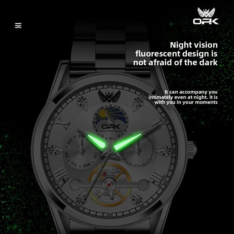 OPK Brand Watch Fake Tourbillon Steel Belt Calendar Luminous Quartz Watch Men's Watch Men's Watch