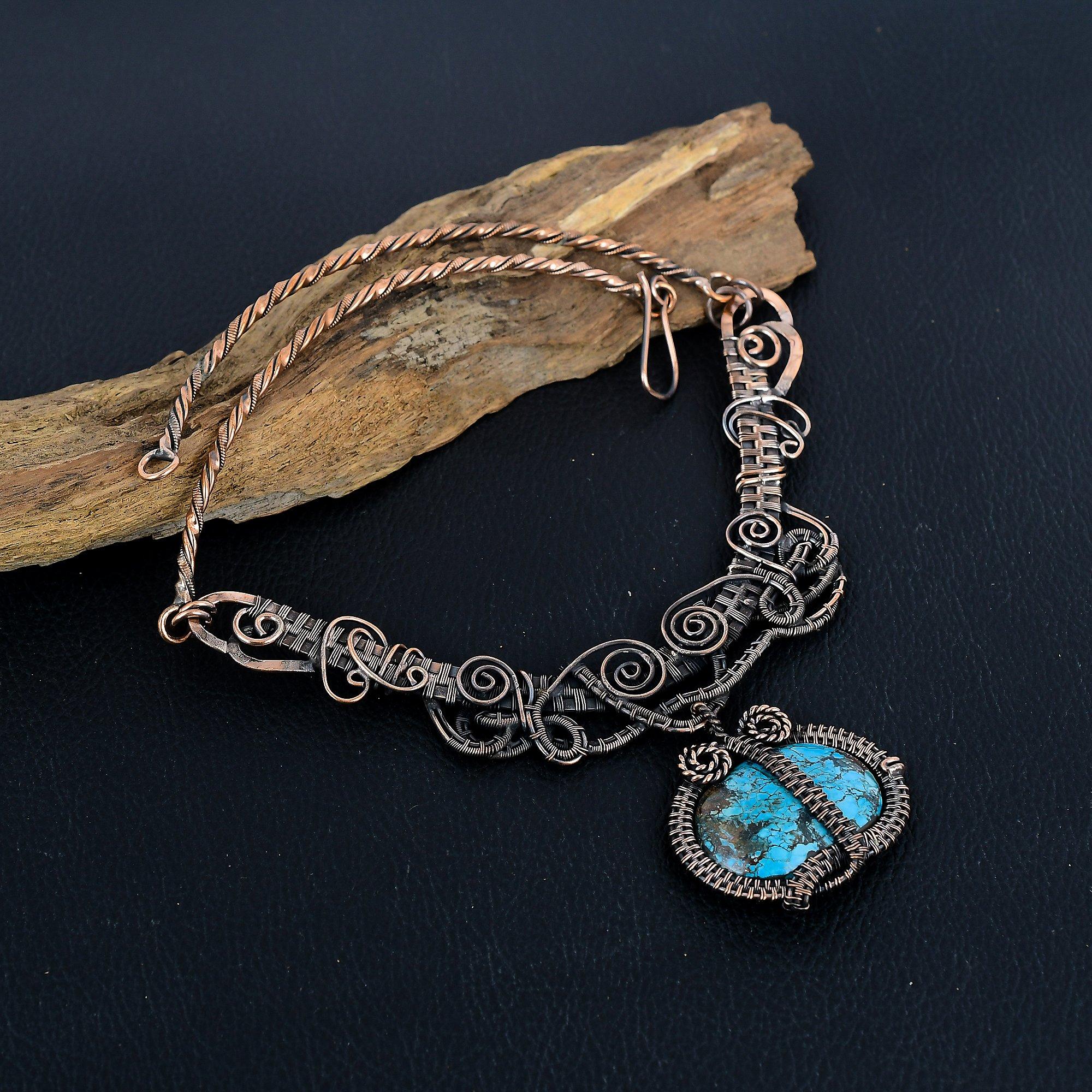 

Тибетское бирюзовое ожерелье, ювелирное изделие из драгоценных камней, ожерелье, обмотанное медной проволокой 999 пробы, ожерелье ручной работы, ожерелье с камнем рождения