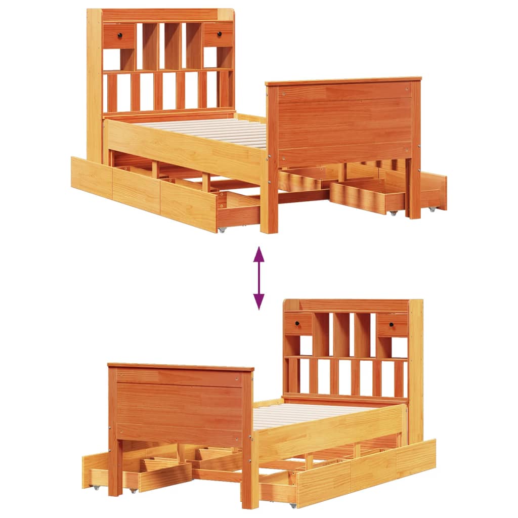 Solid Wood Bed with Shelf Without Mattress Wax Brown 75 x 190 cm