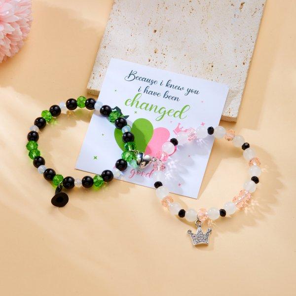 2pcs Magic Stick Hat Crown Matching Bracelets for Women Sweet Pink Green Bead Handmade Stretch Bracelet BFF Jewelry Gifts