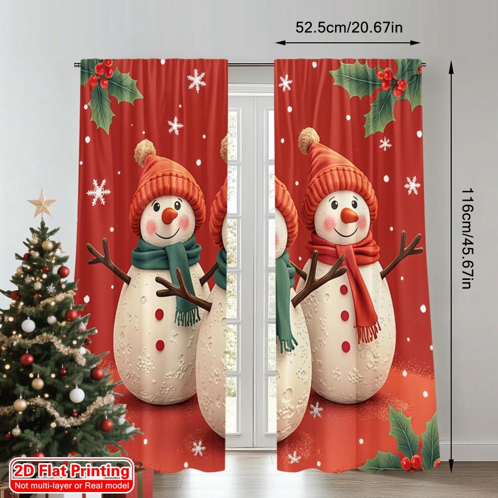 2pcs 2D Flat Printing Merry Christmas Window Curtains Christmas Snowman Holiday 100% Polyester Without Electricity Party