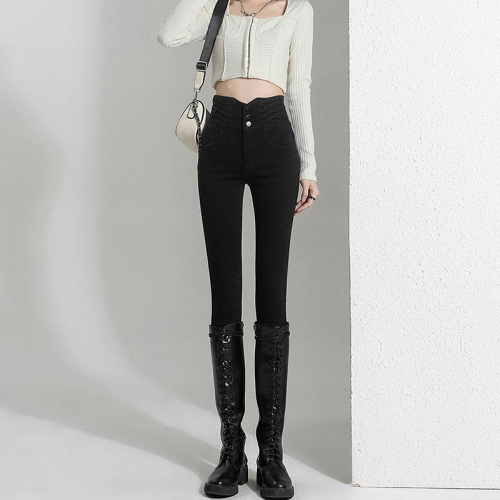 Korean High-waisted Breasted Small-footed Jeans Women's Spring and Summer New Fashion and Thin Versatile Slim-fitting Trousers Tide