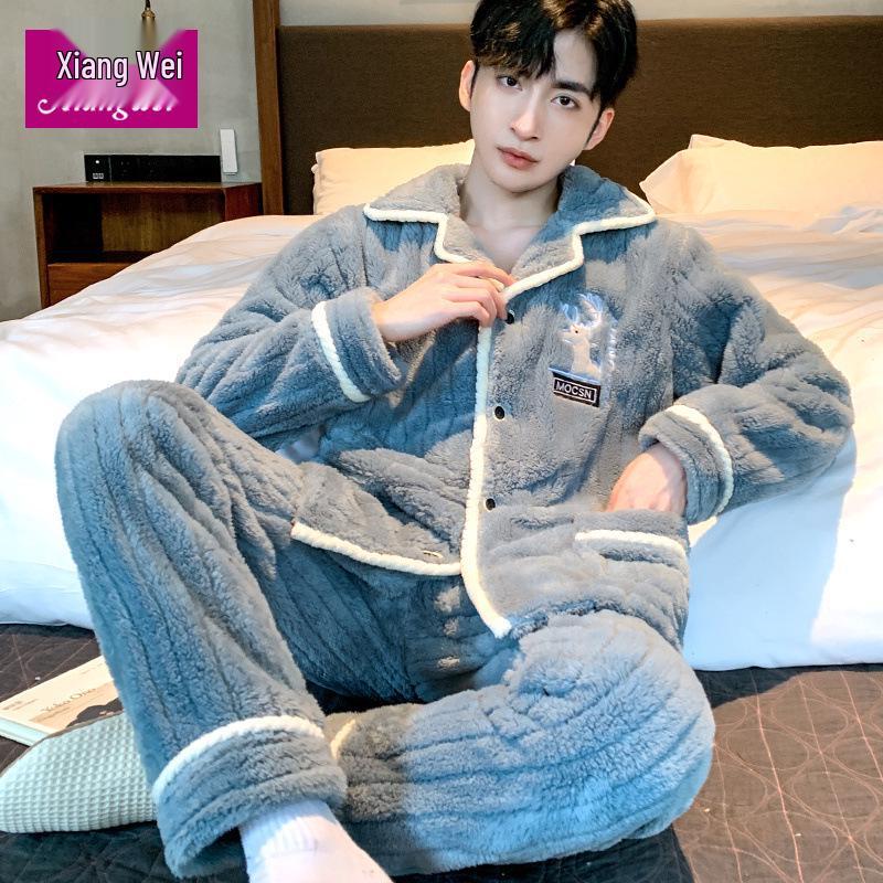 

Чоловічий домашній піжамний комплект великого розміру з коралового флісу - Потовщений на велюровій підкладці, фланелевий, для осені/зими, для носіння вдома/на вулиці XXL (150-170 lbs)