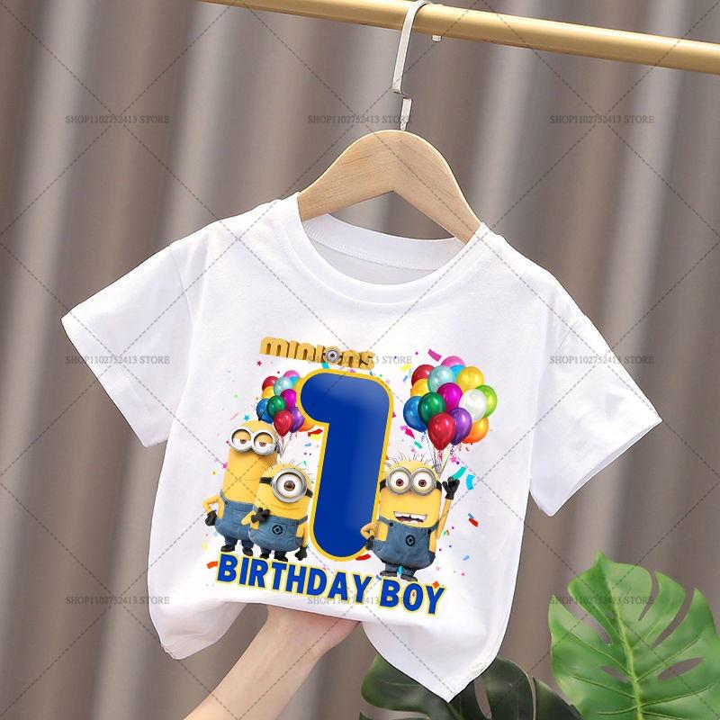 Minionses Cotton T-Shirt Anime Cartoon Print Tops Summer Kawaii Fashion Casual Short Sleeve Number 1-9 Birthday Clothes Gifts
