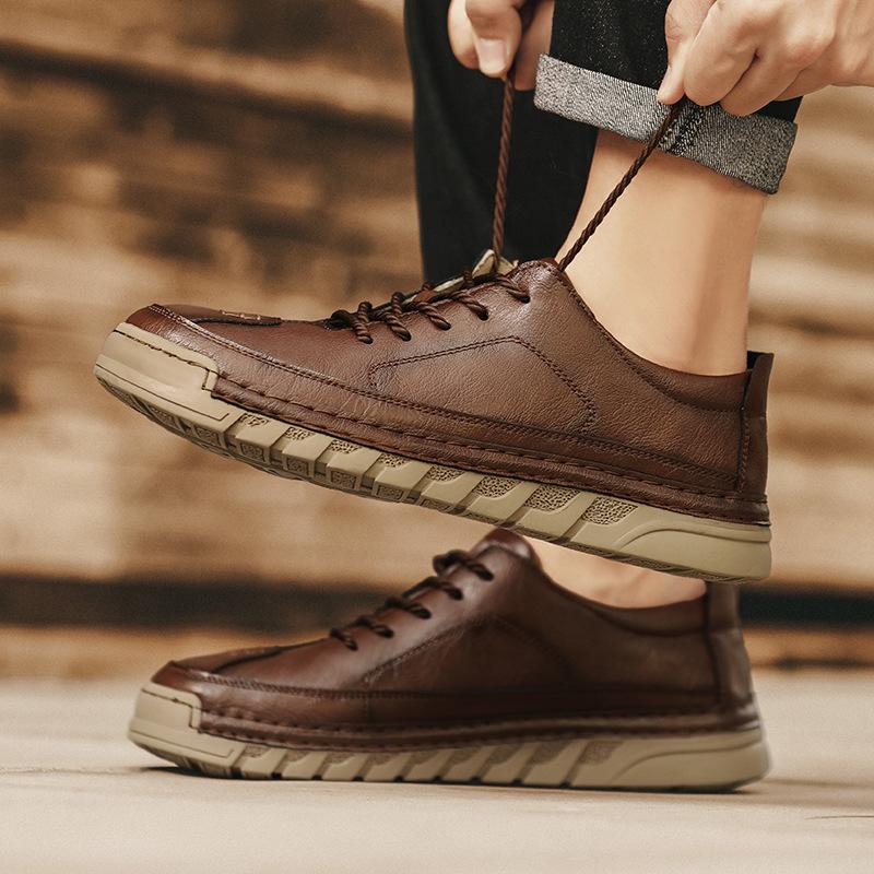 2025 Autumn Men's Breathable Leather Moccasins: Soft Sole, Hand-stitched, Low-top, Lace-up Casual Driving Shoes