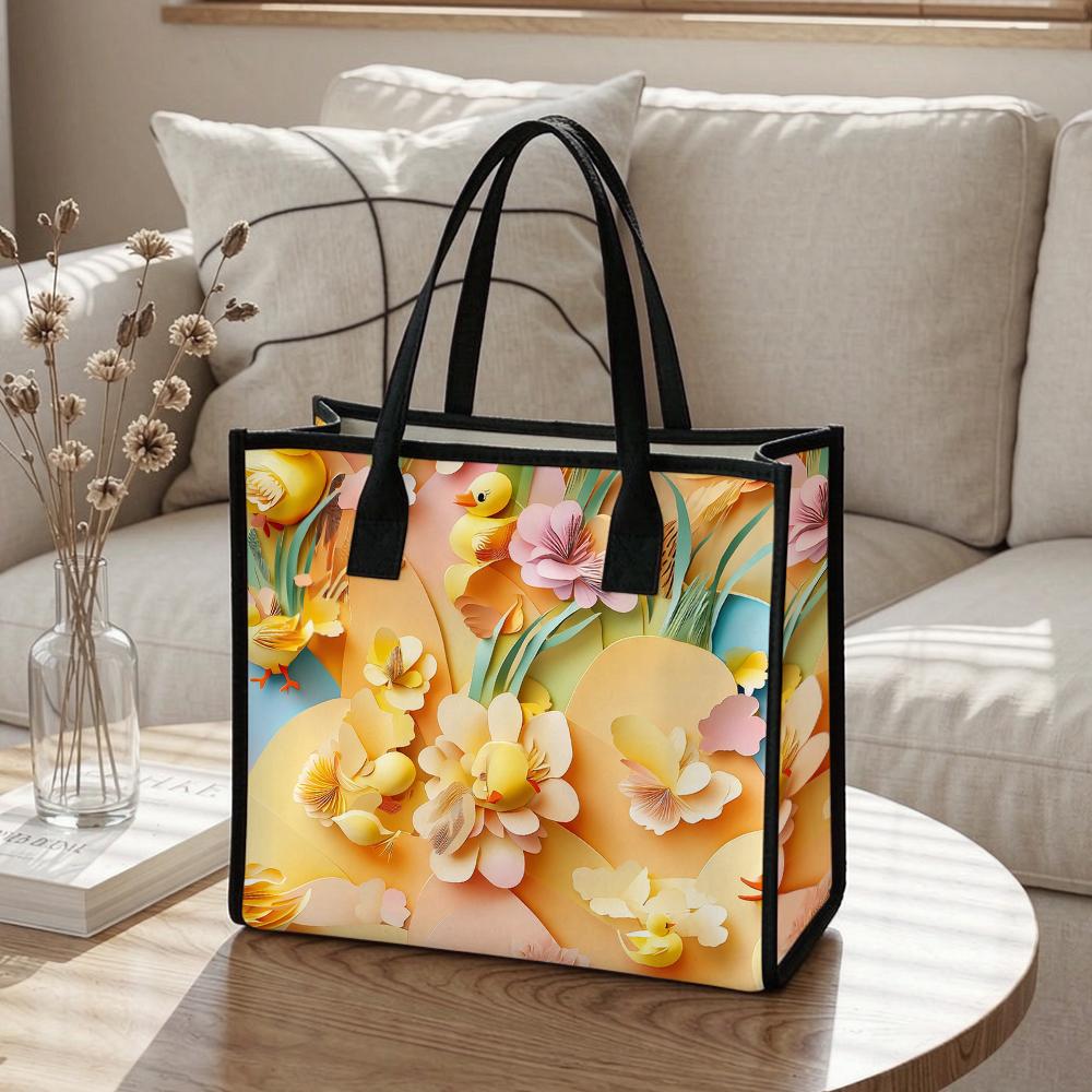 Cute Floral Duck Print Tote Bag Portable Casual Shoulder Handbag for Daily Use