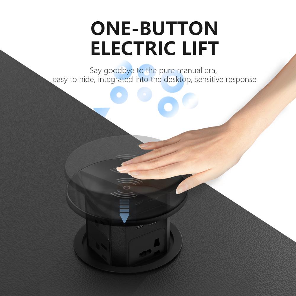 Prise hydraulique de bureau multifonction noire avec charge rapide USB A+C 18W et chargeur sans fil 15A, 250V.