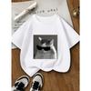 Cat Pattern Printed T-Shirt with Sunglasses Round Neck Sleeved T-Shirt Clothing for Leisure Harajuku Sleeve Clothes