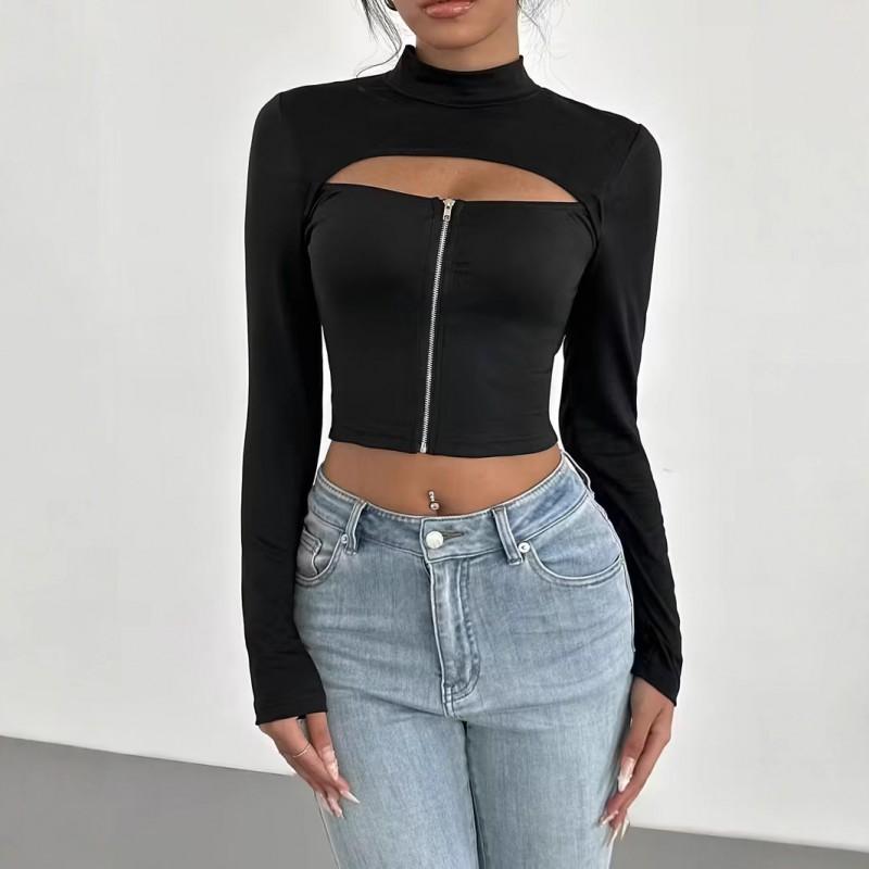 Womens Winter Stretch High Neck Long Sleeve Cutout Top Slim Fit Base Layer Tee Black Milk Silk