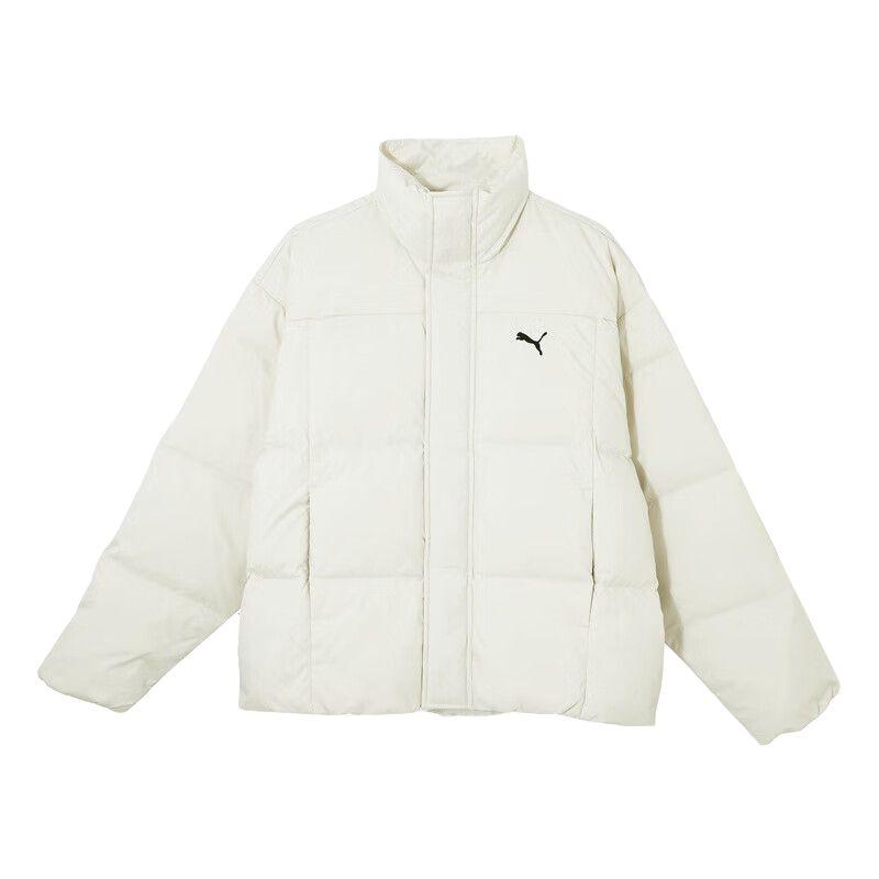 Puma Classics Relaxed Down Jacket Brand Logo Stand Collar Warm Zipper Long Sleeve Down Coat Unisex Jacket Snow-White 631636-80