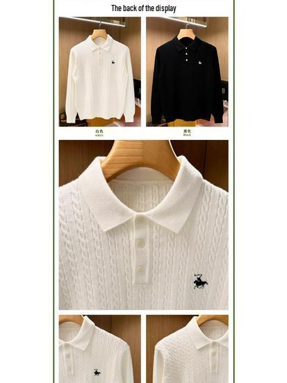 Men's High-End Retro Cable Knit Slim Fit Polo Sweater - Minimalist Long Sleeve Lapel Style