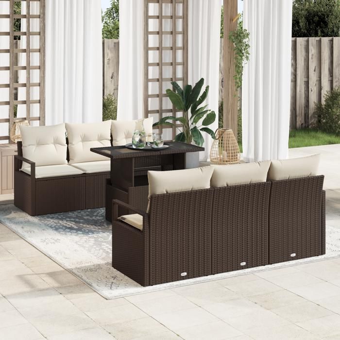 VidaXL Ensemble de Sofa de Jardin 7 Pièces avec Coussins en Poly Rattan Marron 3348744