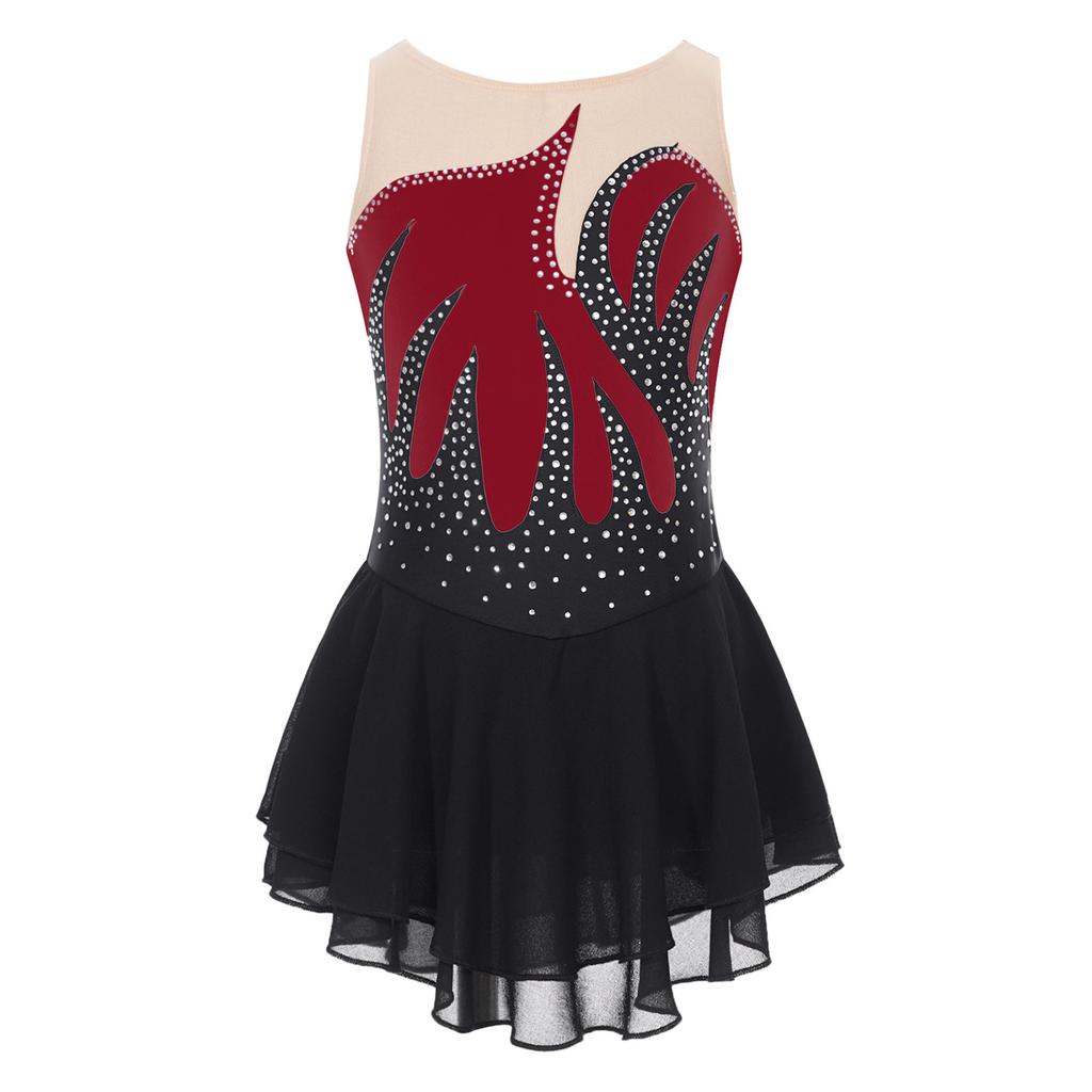Girls Figure Skating Performance Costume Lyrical Dance Ballet Rhythmic Gymnastics Leotard Dress Shiny Rhinestone Mesh Dancewear