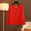 Summer New Fashion Elegance Simple Korean Round Neck Long Sleeved T-shirt Women's Solid V-neck Patchwork Loose Thin Chiffon Top