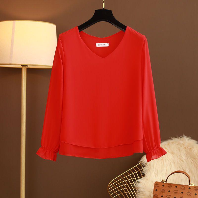

Летняя Новая Мода Элегантность Простая Корейская Футболка с Круглым Вырезом и Длинными Рукавами Женская Однотонная с V-образным Вырезом Лоскутная Свободная Тонкая Шифоновая Блузка S красный
