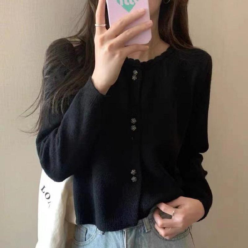 

Весенне-осенний короткий нежный маленький вязаный свитер топ женский кардиган тонкий кружевной с круглым вырезом вязаный свитер 48-113 (average size) чёрный