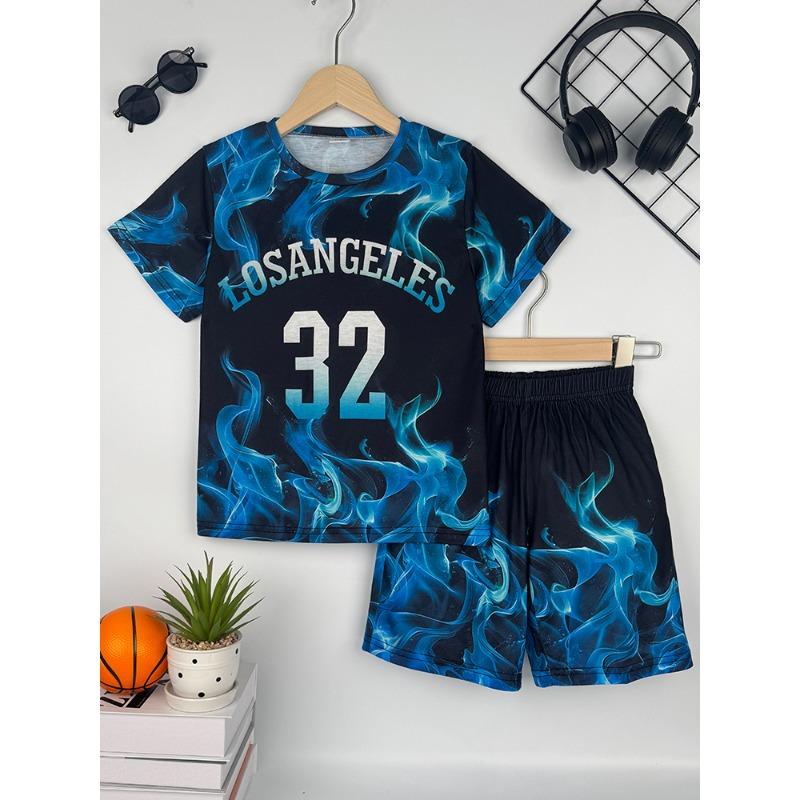 

Детский комплект Летний Модный Дышащий Удобный Спортивный Повседневный Топ с коротким рукавом Футболка Шорты с принтом в виде неправильного пламени 150